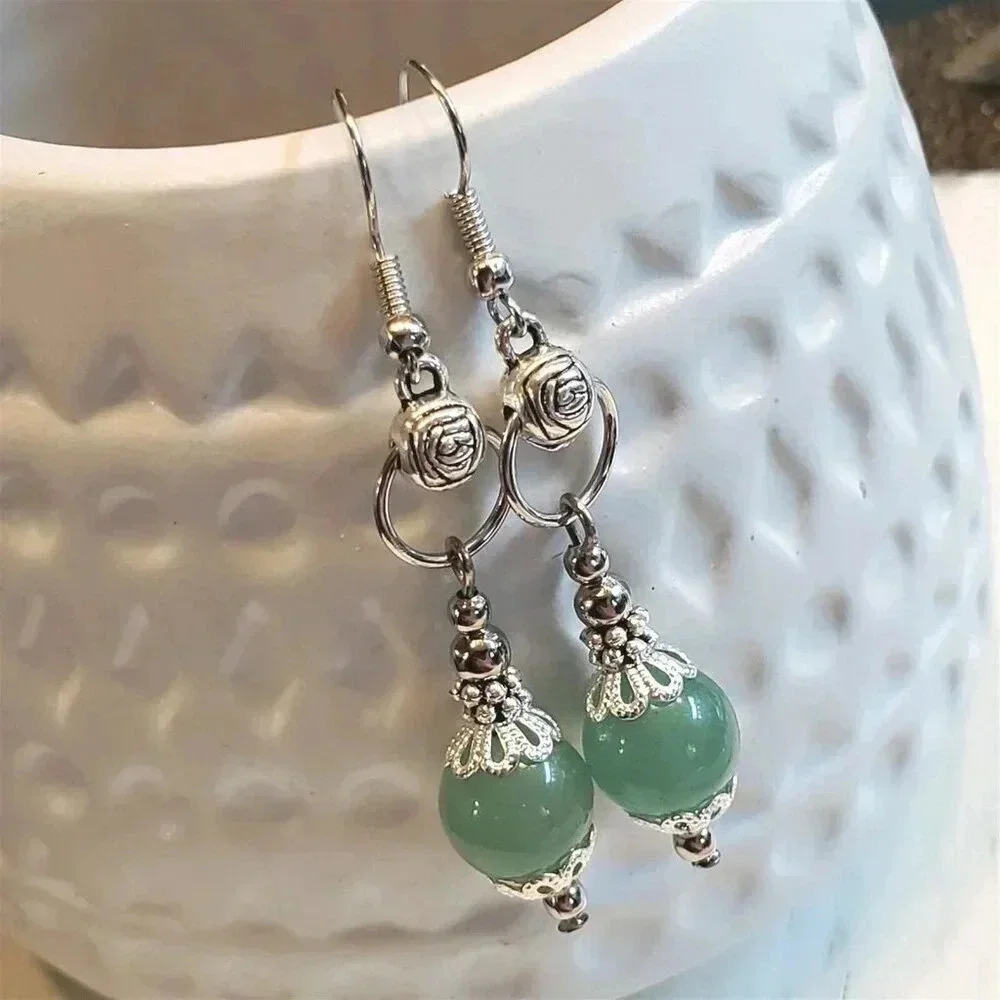 Green Malaysian Jade Gemstone Lacy Trim Silver Carved Rose Handcrafted Earrings